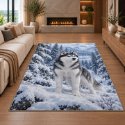Blue-Eyed Husky in Snowy Forest rug in a living room with a fireplace