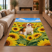 Beagle in Sunflower Field rug in a living room with a fireplace