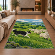 Border Collie Herding Sheep rug in a living room with a fireplace
