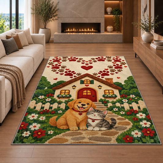Dog and Cat Cottage Paw Heart rug in a living room with a fireplace