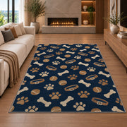 Dog Bones Balls and Paws Pattern rug in a living room with a fireplace