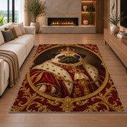 Royal Pug Portrait rug in a living room with a fireplace