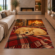 Lab Puppy by the Fireplace rug in a living room with a fireplace