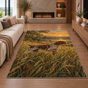 Pointer in Tall Grass at Sunrise rug in a living room with a fireplace