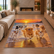 Dogs Running on the Beach rug in a living room with a fireplace