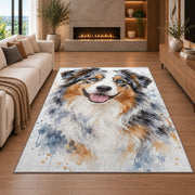 Watercolor Australian Shepherd rug in a living room with a fireplace