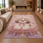 Shih Tzu on Velvet Pillow rug in a living room with a fireplace