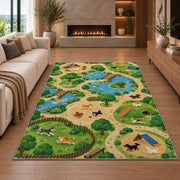 Dog Park Map rug in a living room with a fireplace