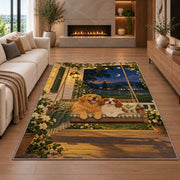 Two Dogs on Porch Swing rug in a living room with a fireplace