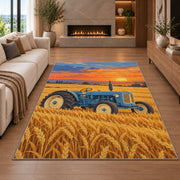 Vintage Tractor in Wheat Field rug in a living room with a fireplace