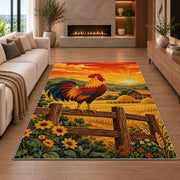 Rooster at Sunrise rug in a living room with a fireplace