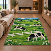 Dairy Cows by White Fence rug in a living room with a fireplace