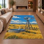 Windmill on the Prairie rug in a living room with a fireplace