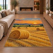 Hay Bales at Golden Hour rug in a living room with a fireplace