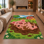 Happy Pig in Mud rug in a living room with a fireplace