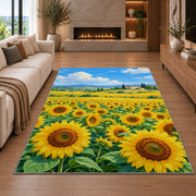 Sunflower Field Farmhouse rug in a living room with a fireplace