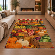 Farmers Market Stand rug in a living room with a fireplace