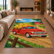 Red Pickup with Hay Bales rug in a living room with a fireplace