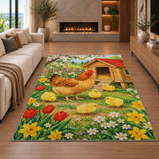 Spring Chicken Coop rug in a living room with a fireplace