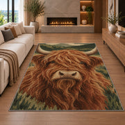 Highland Cow Close-Up rug in a living room with a fireplace