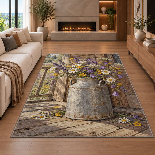Milk Can with Wildflowers rug in a living room with a fireplace