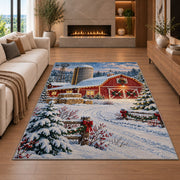 Snowy Farm at Christmas rug in a living room with a fireplace