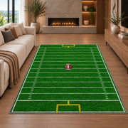 Football Field rug in a living room with a fireplace