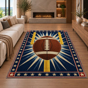 Starburst Football rug in a living room with a fireplace