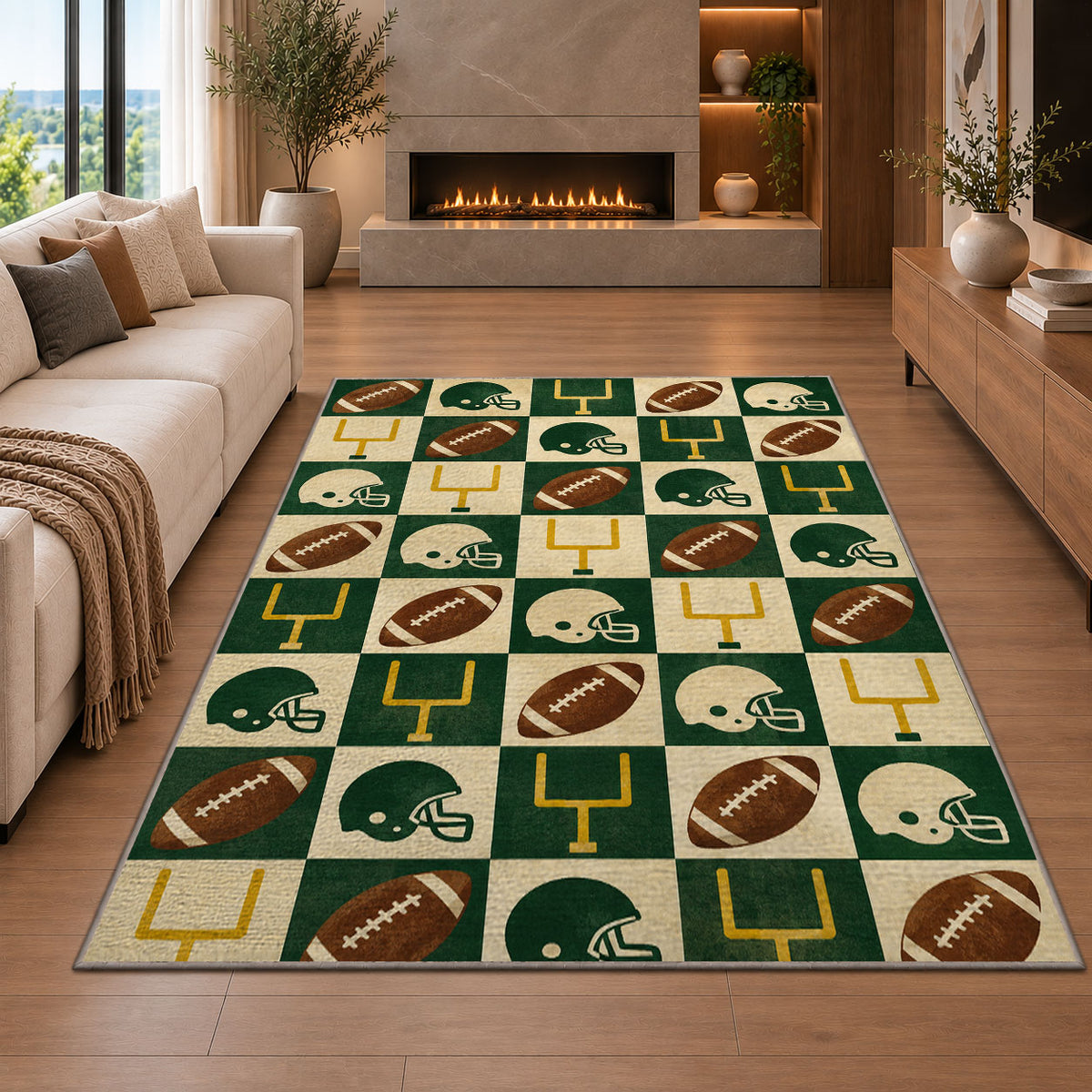 Checkered Football rug in a living room with a fireplace