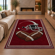 Football Helmet rug in a living room with a fireplace