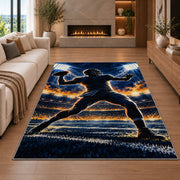 Quarterback Stadium Lights rug in a living room with a fireplace
