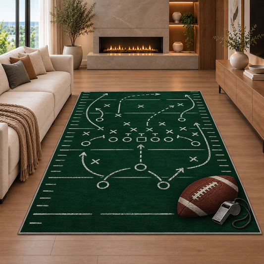 Football Playbook Chalkboard rug in a living room with a fireplace