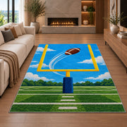 Field Goal Kick rug in a living room with a fireplace