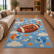Cute Cartoon Football rug in a living room with a fireplace