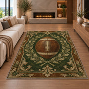 Vintage Leather Football rug in a living room with a fireplace