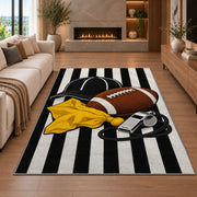 Football Referee rug in a living room with a fireplace