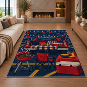 Football Tailgate Party rug in a living room with a fireplace
