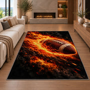 Flaming Football rug in a living room with a fireplace