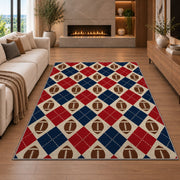Football Argyle rug in a living room with a fireplace