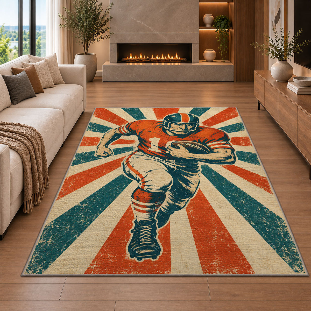 Retro Football Player rug in a living room with a fireplace