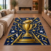 Football Championship Trophy rug in a living room with a fireplace