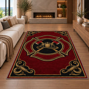 Vintage Firefighter Badge rug in a living room with a fireplace