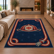 Fire Hose Frame Helmet rug in a living room with a fireplace