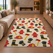 Firefighter Gear Pattern rug in a living room with a fireplace
