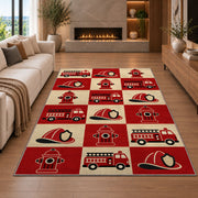 Retro Checkered Fire Truck rug in a living room with a fireplace
