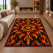Flame Mandala rug in a living room with a fireplace