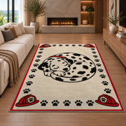 Sleeping Dalmatian rug in a living room with a fireplace