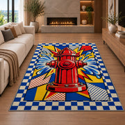 Pop Art Fire Hydrant rug in a living room with a fireplace