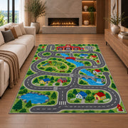 Fire Station Town Road rug in a living room with a fireplace