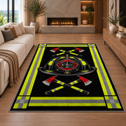 Reflective Stripe Fire Helmet rug in a living room with a fireplace